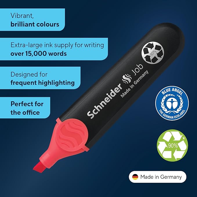 Schneider Job Highlighter, Chisel Tip, 1 + 5 mm, Black Barrel, Coral Ink, Box of 10 Highlighters (1502)