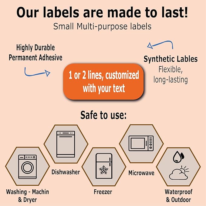 120 Small Personalized Waterproof Name Labels. Press and Stick Multi use Custom Mini Name Labels. Customized 2 Lines of Text and Color. Tiny Name Stickers with Permanent Self Adhesive.