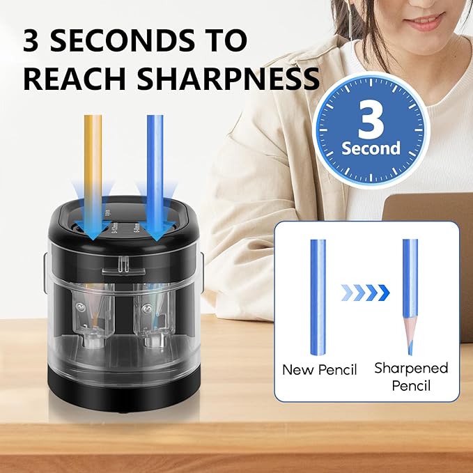 Eagle Electric Pencil Sharpener, Battery or USB Operated, Dual Holes, Dual Blades, fit for Pencils of Size 6-8mm and 9-12mm (Black)