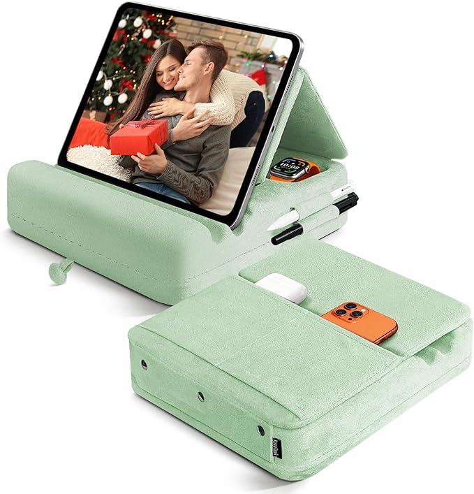 Tablet Pillow Stand with Storage, Foldable iPad Holder for Lep, Bed, Sofa, and Desk - Soft Pad Dock with Pocket and Stylus Mount Compatible with 4-13" iPad Pro/Air/Mini, Galaxy Tab, Kindle