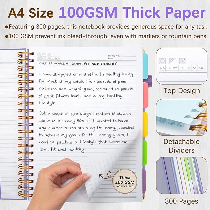Hardcover Spiral Notebooks for Work 8.5''x 11'', 300 Pages 5 Subject Notebook with Dividers & Tabs, A4 Spiral Journal for Women, College Ruled Notebooks for School Note-Taking (Lilac Purple)