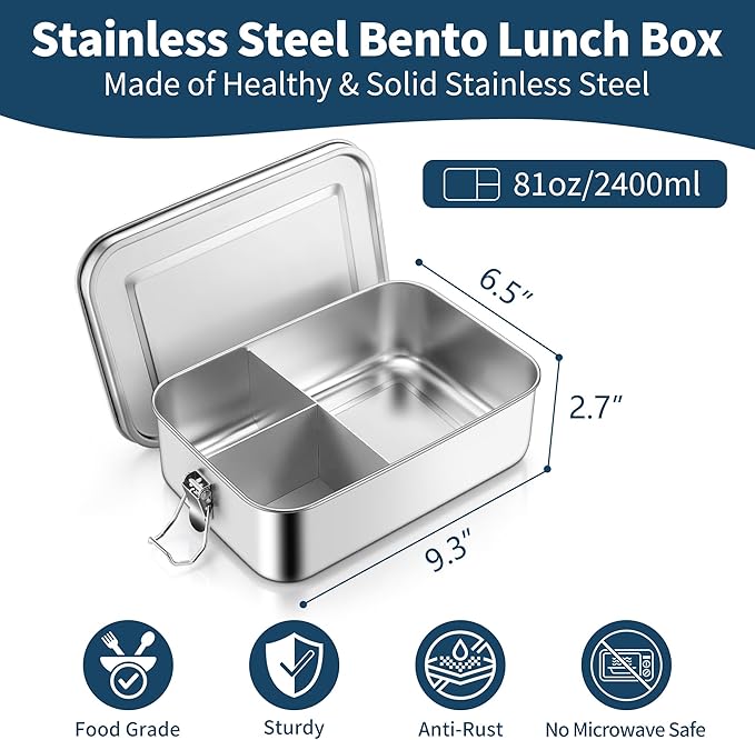 TeamFar Stainless Steel Bento Box, 81oz/2400ML Metal Lunch Box with Leak-Proof Lid for Adults/Kids, Lunch Food Containers with 3 Compartments for School/Work/Meal Prep, Heavy Duty & Dishwasher Safe