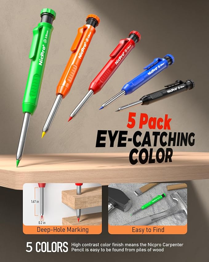 Nicpro 31 Pack Carpenter Pencil Set with Sharpener, Mechanical Carpenter Pencils with 128PCS Refills and Carbide Scribe Tool, Heavy Duty Construction Pencils for Architect Woodworking-With Canvas Case