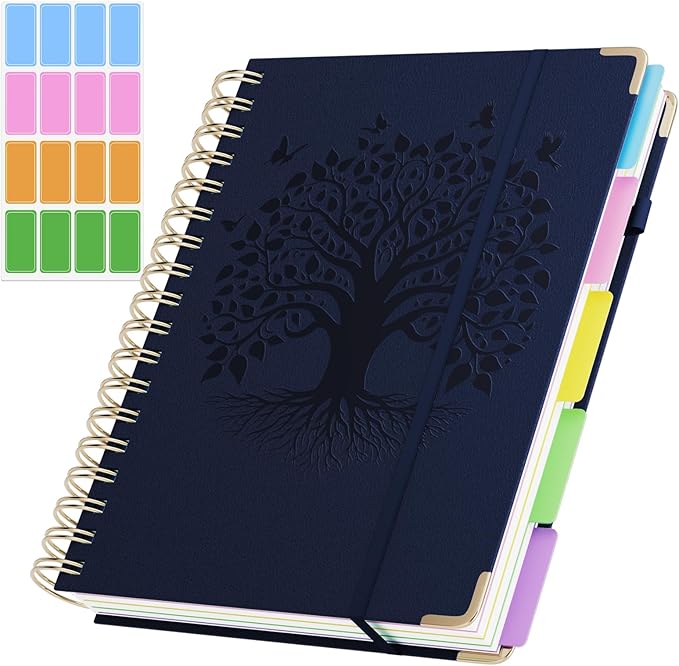 QIYVLOS Hardcover Spiral Notebook, B5 Journal with Removable Dividers Tabs, 5 Subject Notebook College Ruled, 320 Pages 8"x10" Leather Notebooks for Work School Study, Lined Journal for Women, Navy