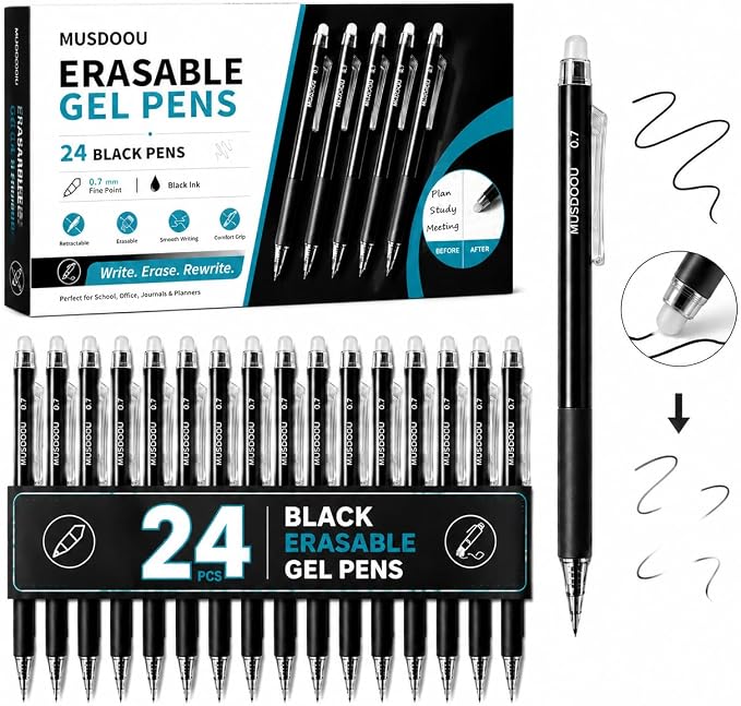 24 Pack Erasable Gel Pens, Black Ink Retractable Erasable Pens 0.7mm, Smooth Writing Gel Ink Pens with Eraser, Mistake-Free Writing Pens for Office, School, Notes, Back-to-School Supplies