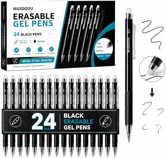 24 Pack Erasable Gel Pens, Black Ink Retractable Erasable Pens 0.7mm, Smooth Writing Gel Ink Pens with Eraser, Mistake-Free Writing Pens for Office, School, Notes, Back-to-School Supplies