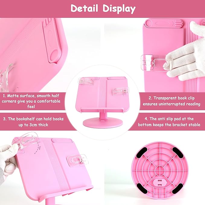 Kids Book Stand, Adjustable Reading Holder, Thick Base, Foldable Reading Stand with Elastic Page Clips, for 8.5"×11" or Smaller, Gift for Children, Pink