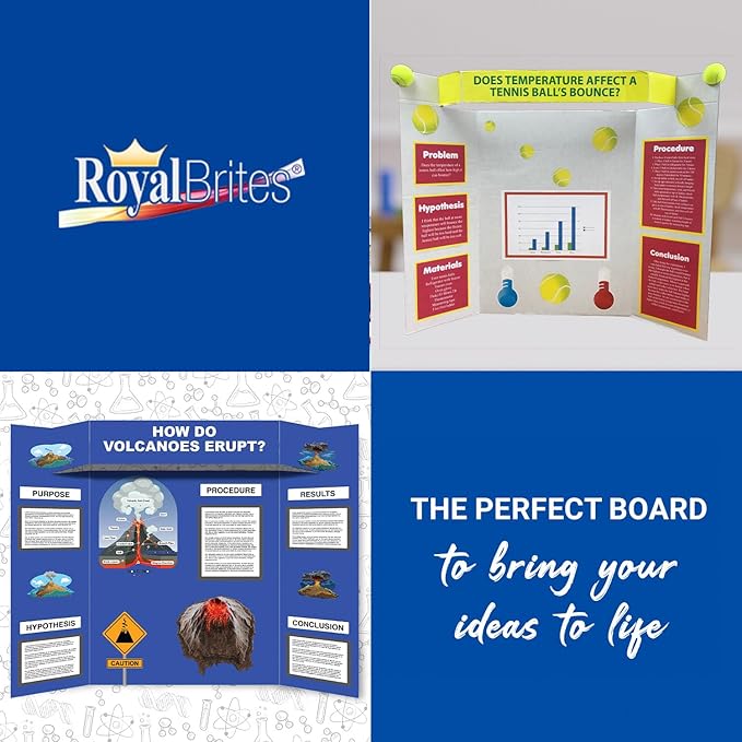 Royal Brites Tri-fold Corrugated Project Board with Header 36" x 48", 1 Ply Tri-Fold Project Board w/Built-in 4” Header for School & Work Presentations, Science Fair Display Boards, White, Pack of 12