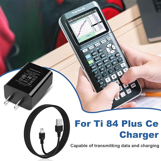 TI 84 Plus CE Charger with Cable: TI-84 Nspire Charging Cable - TI84 Graphing Calculator Charge Cord for Texas Instruments C Silver Edition Ti-nspire CX CAS II C TI-83 TI-85 TI-89 Charger (5ft)