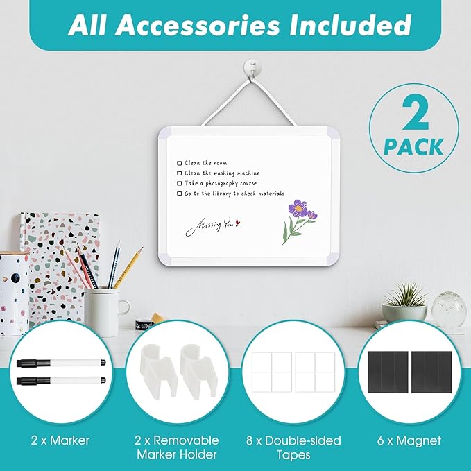 WALGLASS 2 Pack Small Dry Erase Whiteboard, 8.5 x 11 Inches Double-Sided White Board for Wall, Students, Fridge, Locker, Portable Mini White Board, Hang or Stick Whiteboard for Home, School, Office