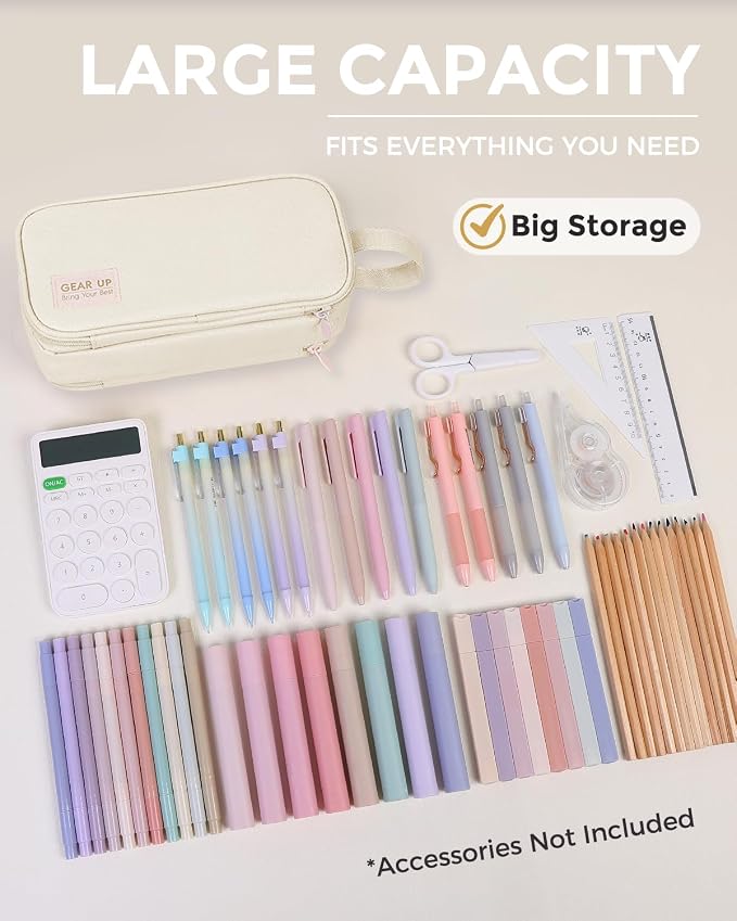 SKYDUE Large Capacity Pencil Case with Handle, 3 Compartment Canvas Pencil Pouch, Cute Soft Color Pencil Bag for Pens, Markers, Aesthetic Stationery and Organizer for Teen Girls Adult, Beige