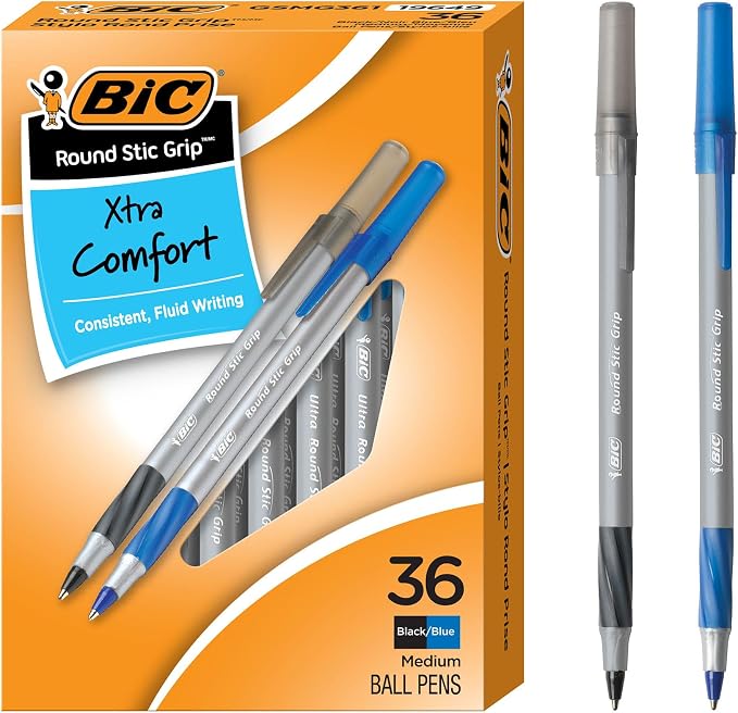 BIC Round Stic Grip Xtra Comfort Assorted Colors Ballpoint Pens, Medium Point (1.2mm), 36-Count Pack, Perfect Writing Pens With Soft Grip for Superb Comfort and Control, Pack of 18