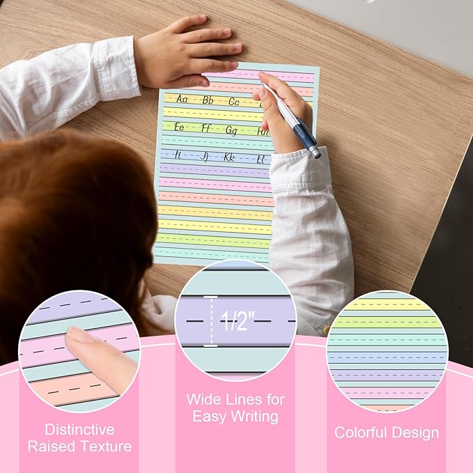 200 Sheet Raised Line Handwriting Paper With 1/2" Spacing Wide Ruled Writing Paper for Kindergarten 8.5"x 11" Colored Primary Writing Paper Pad Handwriting Practice For Kids Multi Sensory Dysgraphia