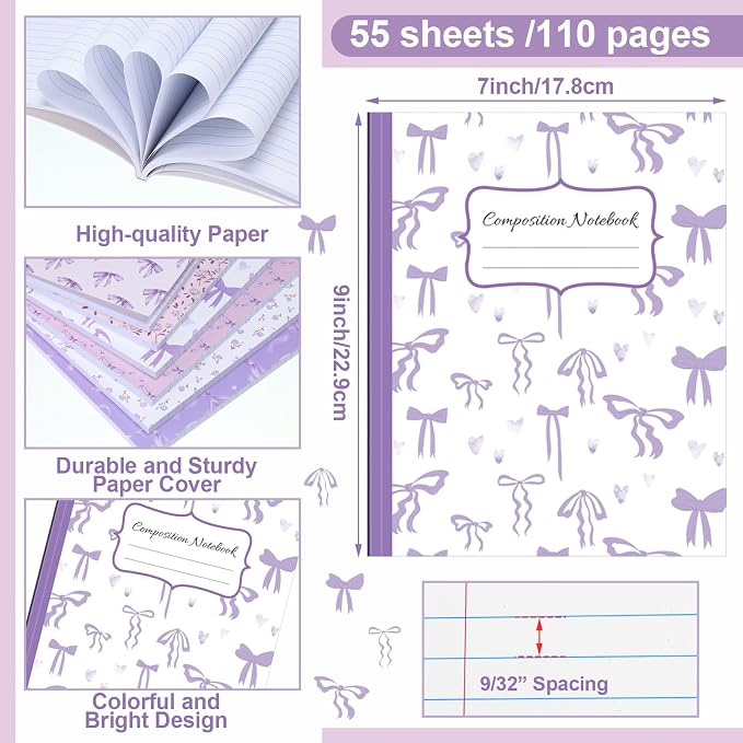 Fullhawl 6 Pack Composition Notebook College Ruled Bulk Purple Bow Composition Notebook Preppy Aesthetic for Back to School Supplies 110 Pages 9-3/4 x 7-1/2" Journal for First Day of School Office