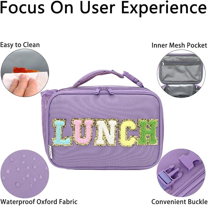 GYEUKHAM Insulated Lunch Box for School, Thermal Reusable Durable Freezable Lunch Bags for Kids Boys Girls Men Women - Small Soft Cooler Portable Lunch Tote Kit for Work Picnic Travel,Purple Alphabet