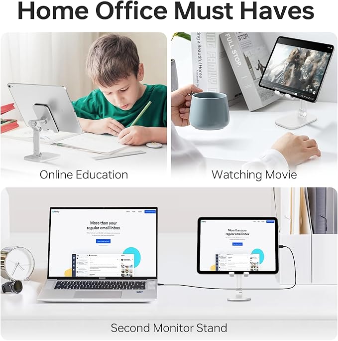 Foldable Phone Stand for Desk - Adjustable Height & Angle Cell Phone Holder, Portable Tablet Stand with Anti-Slip Base for Home, Office, and Travel, Compatible with iPhone & All 4-11" Devices (White)