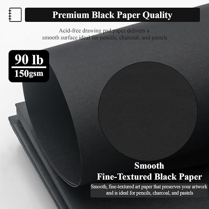 SuFly Black Sketch Paper Pad, 60 Sheets Spiral Sketch Book 8x10, 90lb/150gsm Black Paper Notebook for Gel Pens | Art Supplies for Teens - Gifts for Teenage Artists.