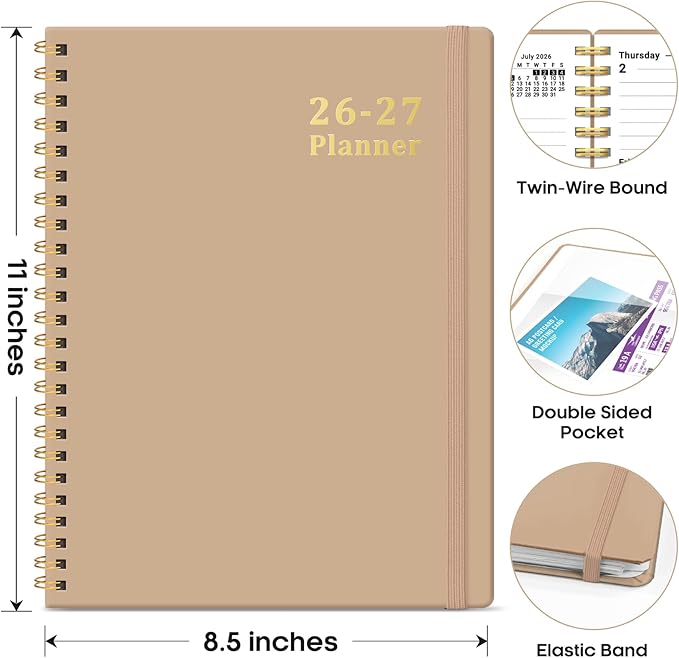 Planner 2026-2027, 8.5" x 11" Weekly and Monthly Academic Year Planner Calendar, July 2026 - June 2027, Hardcover Large School Planning Agenda With Tabs, Perfect for School & Office Supplies, A4, Oat Brown