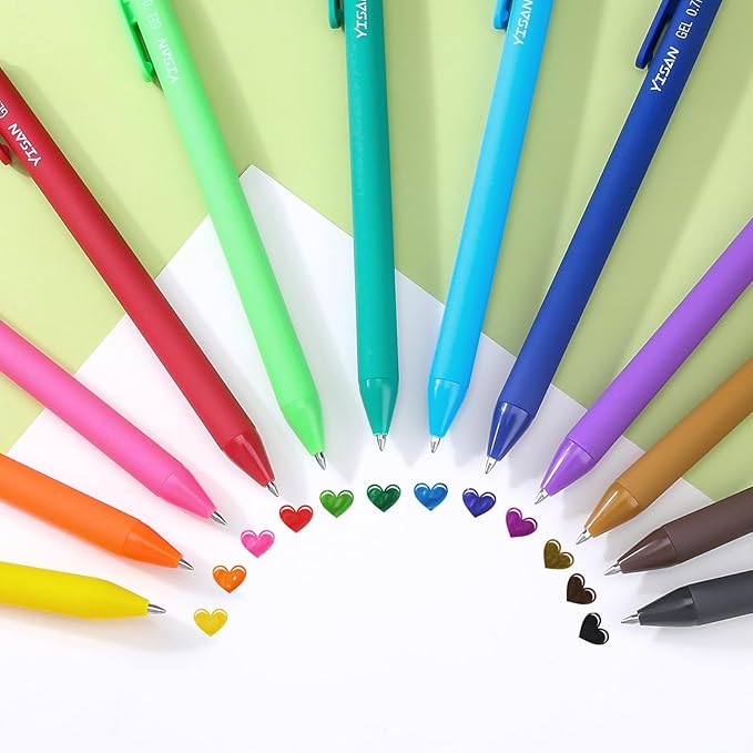 YISAN Colored Gel Pens,Journal Pens 0.7 mm Colorful Ink Pens,Fine Point Fast Dry 12 Assorted Colors,No Bleed,Smooth Writing for Journaling and Note Taking,Retractable,71044