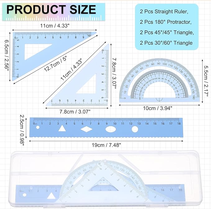 PATIKIL Geometry Set, 2 Pack 7 Inch Aluminum Ruler & 4 Triangles, Metal Protractor Ruler Math Drafting Measuring Tool for Home Office Math Drawing Engineering Art,Gradient Blue