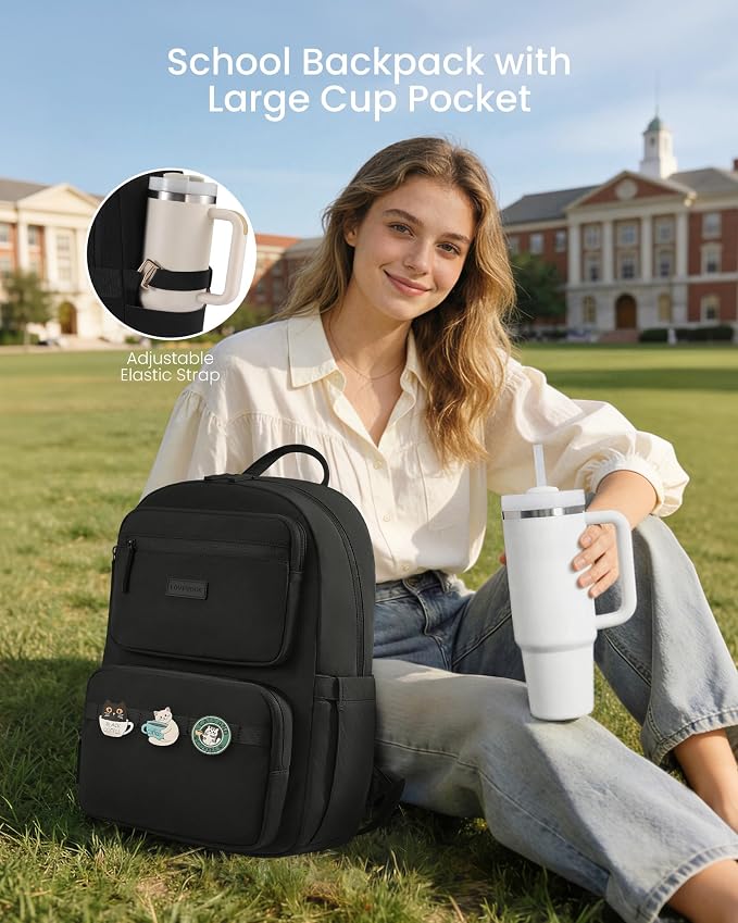 LOVEVOOK School Backpack for Teen Girls,Women Laptop Backpack with Water Bottle Holder,Lightweight Work Bag College Bookbag,Teacher Nurse bag,Black