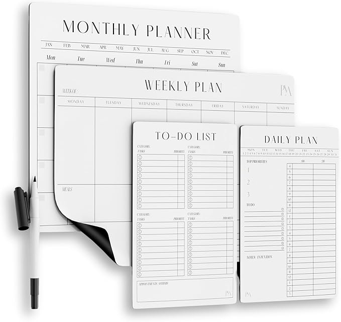 Magnetic Dry Erase Planner System for Fridge – Reusable Daily Weekly Monthly Calendar Set with Time Blocking, Task & Productivity Planner