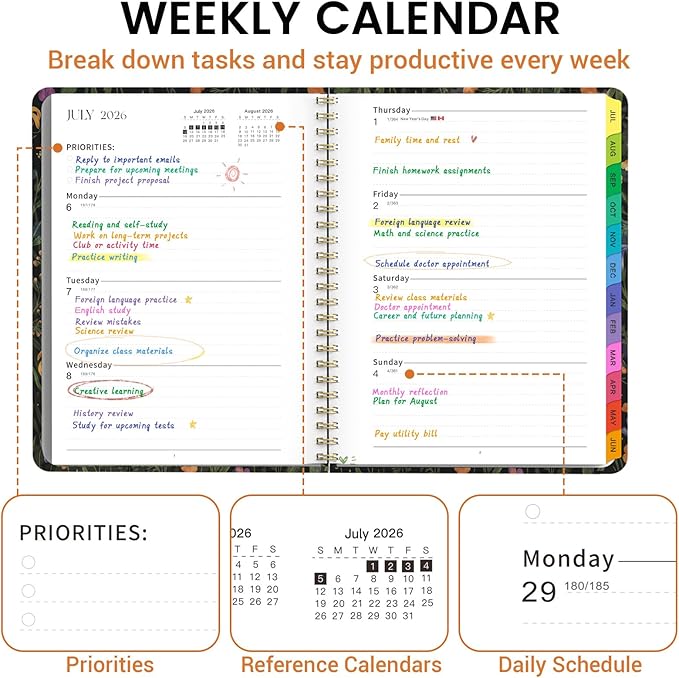 Academic Planner 2026–2027, Weekly & Monthly Calendar Planner, July 2026 – July 2027, Hardcover A5 (6.3" x 8.5") Agenda with Tabs, School Planner for Students & Teachers, Midnight Floral