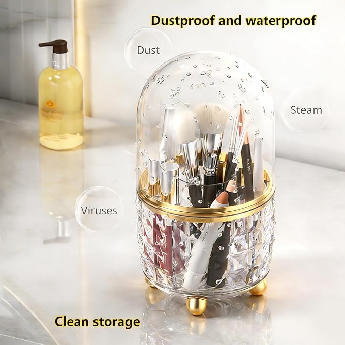 GOTOBA 360° Rotating Pencil Holder for Desk, Makeup Brush Holder with 6 Slots, Desk Organizer for Writing Utensil, Office and School Supplies (Clear with cover)