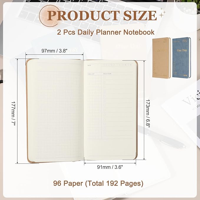 PATIKIL 2Pcs Planner Notebook, 7 x 3.8" 96 Sheets Undated Daily Planner Pocket to Do List Daily Weekly Goals Notebook for Office Home Study Work Time Management Habit Tracker, Blue, Brown