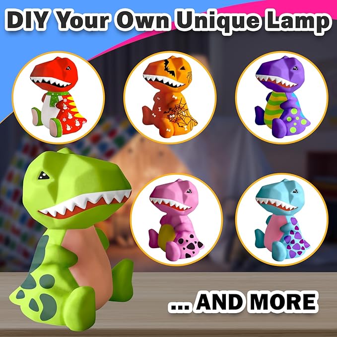 FUNZBO 4.3in Paint Your Own Dinosaur Lamp Kit - Arts and Crafts Supplies Painting for Kids Teens, DIY Night Light Dinosaur Toy for Boy Girl 3 4 5 6 7 8 9 10 11 12 Birthday Gift