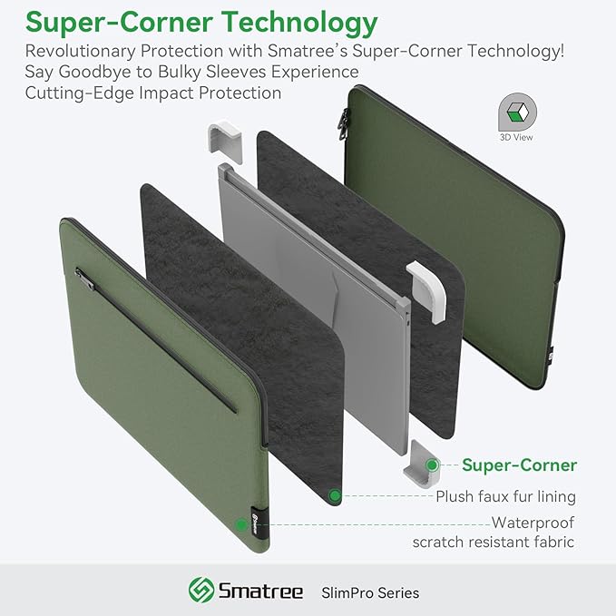 Smatree SlimPro Laptop Sleeve Case for 15.6 inch Lenovo 3i Chromebook, Lenovo Laptop Case with Swift-Access Accessory Pocket, Patented Super-Corner Design, Green (S619G)