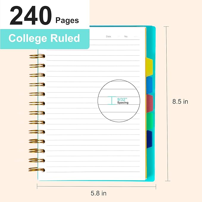 Yoment 5 Subject Notebook College Ruled Small Spiral Notebook 5x7 with Removable Dividers 270 Pages Notebooks for Work Multi Subject Notebook for Note Taking School, A5 Green