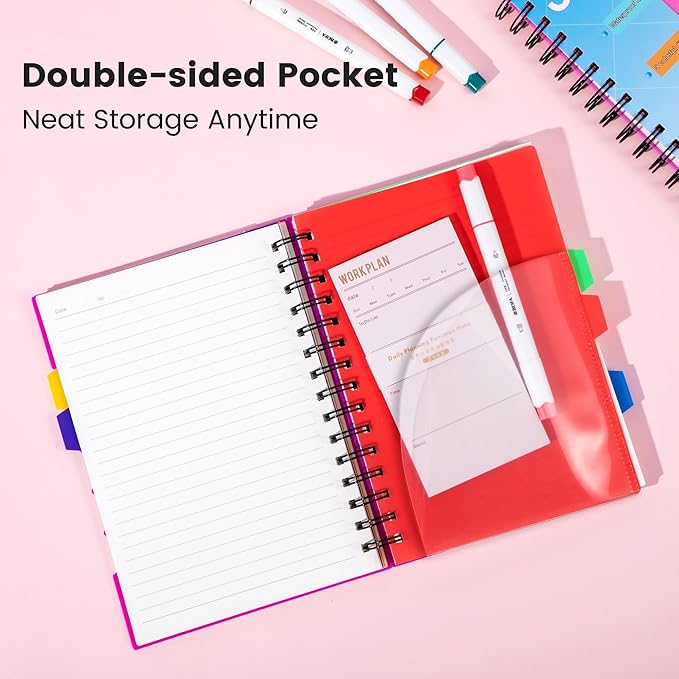 CAGIE 5 Subject Notebook, A5 Small Spiral Notebook with Removable Pocket Dividers Tabs, 240 Pages Spiral Note Book College Ruled for School Work Note taking, 6.1 * 8.27in, Rose Pink