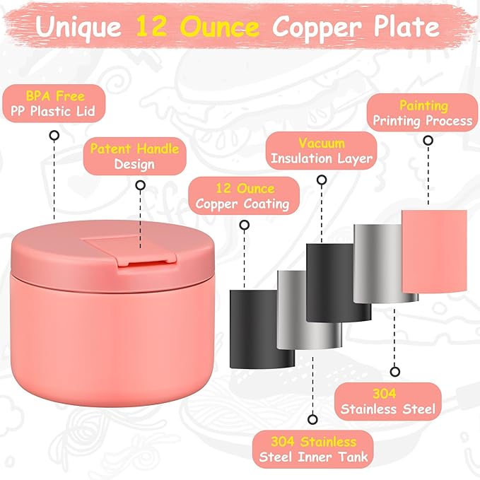 Pawtong 12oz Insulated Vacuum Food Jar with Buckle Lid Wide Mouth Soup Thermo for Hot Food Kids Leakproof Stainless Steel Lunch Container- Pink- 1Pack