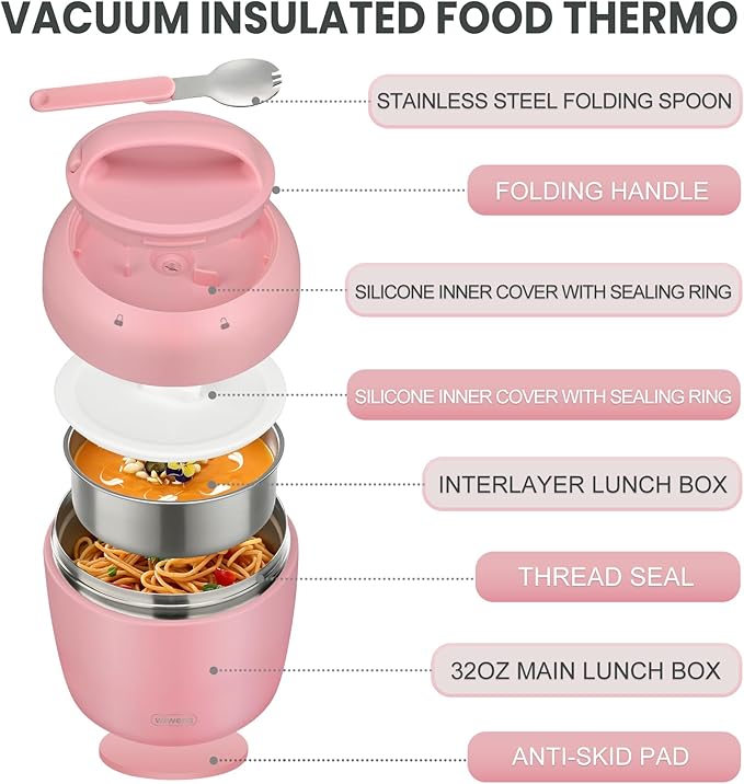wiwens Thermo Food Jar for Hot Food Adults 32OZ Soup Thermo Lunch Containers Wide Mouth Vacuum Insulated Stainless Steel Leakproof Bento Box with Spoon