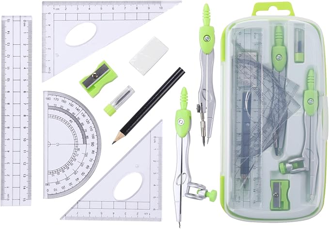 Unjoo Math Geometry Kit Sets 10 Piece Student Supplies with Shatterproof Storage Box,Includes Rulers,Protractor,Compass,Eraser,Pencil Sharpener,Lead Refills,Pencil,for Drafting and Drawings（Green）