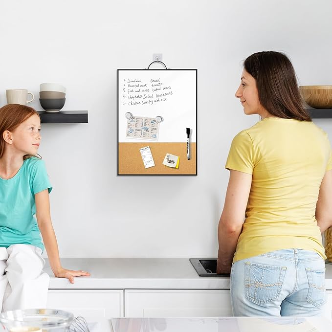 Small White Board Cork Board Combo, 16"x12" Black Aluminum Frame with Handle for Wall Hanging, Dry Erase Magnetic Whiteboard with Cork for Office Home School, Includes Markers Pins Magnets