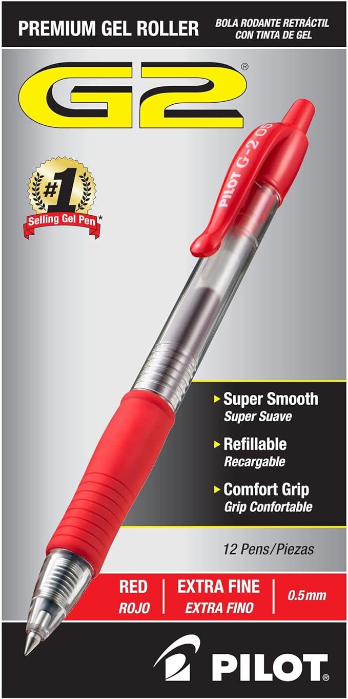 PILOT G2 Premium Refillable and Retractable Rolling Ball Gel Pens, Extra Fine Point, Red Ink, 12-Pack (31004)