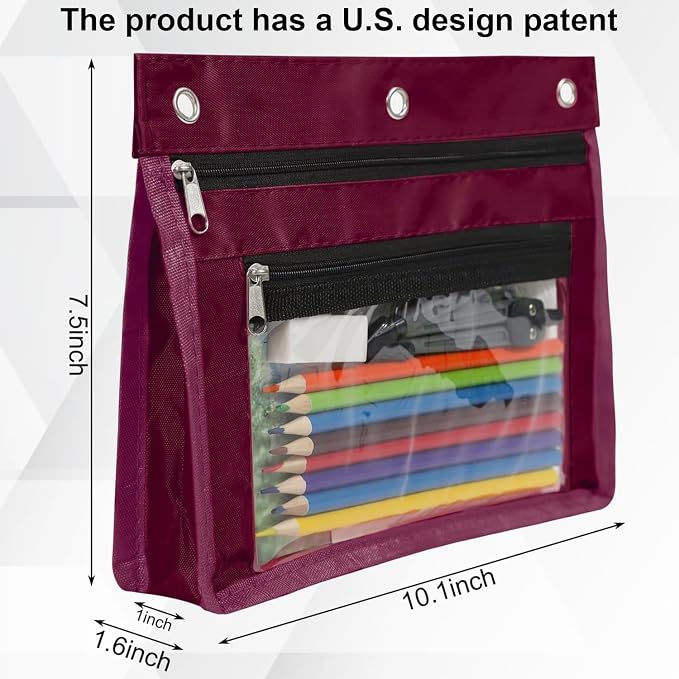 YoeeJob 2 Pack Expandable Pencil Pouches for 3 Ring Binders, Wine-red | 1-inch expansion, 2 clear PVC pockets, 3 holes, large-capacity storage for school and office supplies.