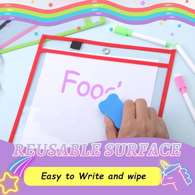 24 Pack Dry Erase Pocket Reusable Sleeves 10" x 14" Clear Plastic Sheet Protectors with Dry Erase Markers and Mini Sleeves Paper Teacher Supplies