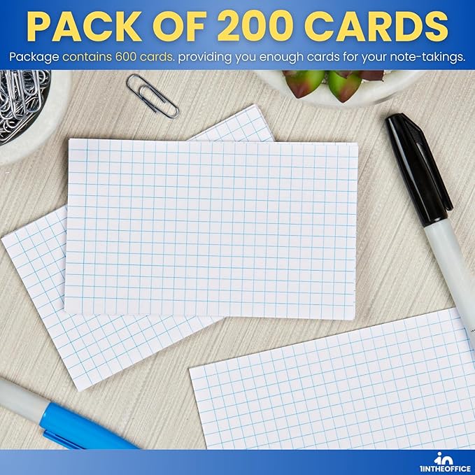 1InTheOffice Index Cards 3x5 Graph Ruled White, Grid Index Cards 200/Pack
