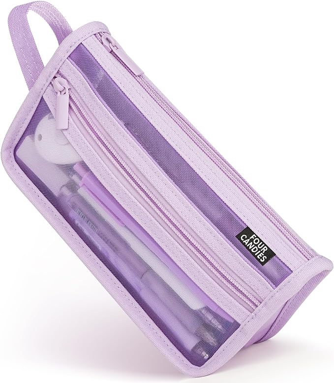 Four Candies Grid Mesh Pencil Case, Clear Double-layer with Handle (Purple) | Smooth Zipper, Transparent Pencil Pouch, Cute Back to School Stationary, Makeup Bag, Travel Friendly, for Office College