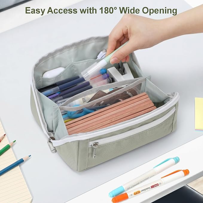 Large Pencil Pouch - 8 Compartments, Wide Handle Organizer Bag | Wide Open Pen Bag, Flexible Dividers & Side Pockets, Handle, 900D Fabric, College Supplies for Teens, Green