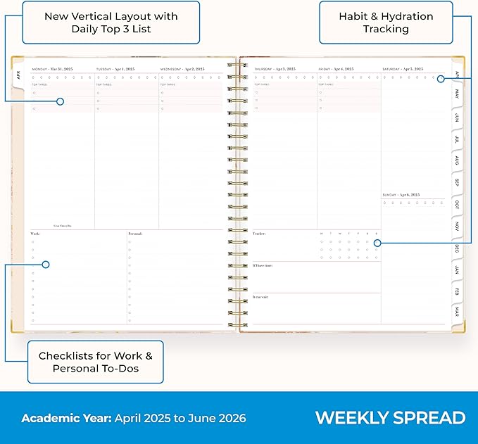 Blue Sky 15 Month Weekly and Monthly Academic Year Planner Calendar, April - June, Hard Cover, Wirebound, Laminated Tabs, Storage Pocket, Includes Snap-in Ruler w/Sticky Notes & Sticker Sheet, Henri (Henri- 2025/2026, 8.5" x 11")