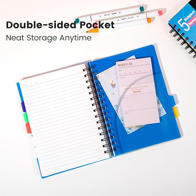 CAGIE 5 Subject Notebook, A5 Small Spiral Notebook with Removable Pocket Dividers Tabs, 240 Pages Spiral Note Book College Ruled for School Work Note taking, 6.1 * 8.27in, Balck