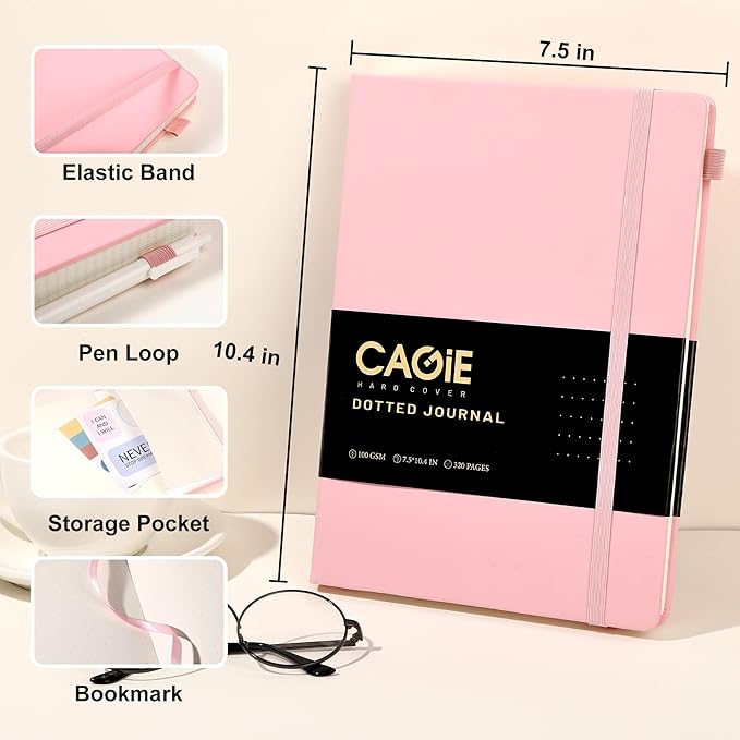CAGIE Bullet Dotted Journal Notebook 320 Pages 100 GSM Paper Hardcover B5 Dot Grid Notebook Leather Journals for Writing Women Men Work Journaling, Pink