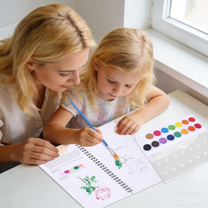 Watercolor Workbook, 13 Original DIY Flowers & Animals Patterns, 16 Colors Watercolor Paint Set with Brushes, Portable Spiral Watercolor Book Kit, Art Exploration Gift for Adults & Older Teens