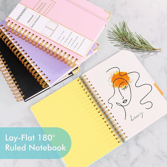 Huhuhero 5 Subject Notebook, 240 Pages Lined Spiral Journal College Ruled, 7.6" x 10.5” B5 Hardcover Journaling Notebooks for Work Note Taking, College School Supplies, Black