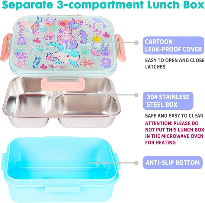 Stainless Steel Bento Lunch Box for Kids, 800ml/27oz BPA-Free Leak-Proof Food Containers with 3 Compartments, Freezer & Dishwasher Safe, Back to School Students Lunches Size for Ages 3-7