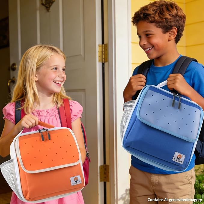 CaCTOUR Lunch Box Kids,Fun Color Lunch Box for Girls,Large Soft Cooler Lunch Bag for Kids,Back to School Thermal Insulated Lunch Tote Bag for School Daycare Outdoor (Orange Beige)